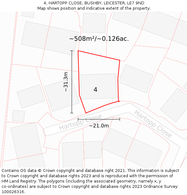 4, HARTOPP CLOSE, BUSHBY, LEICESTER, LE7 9ND: Plot and title map