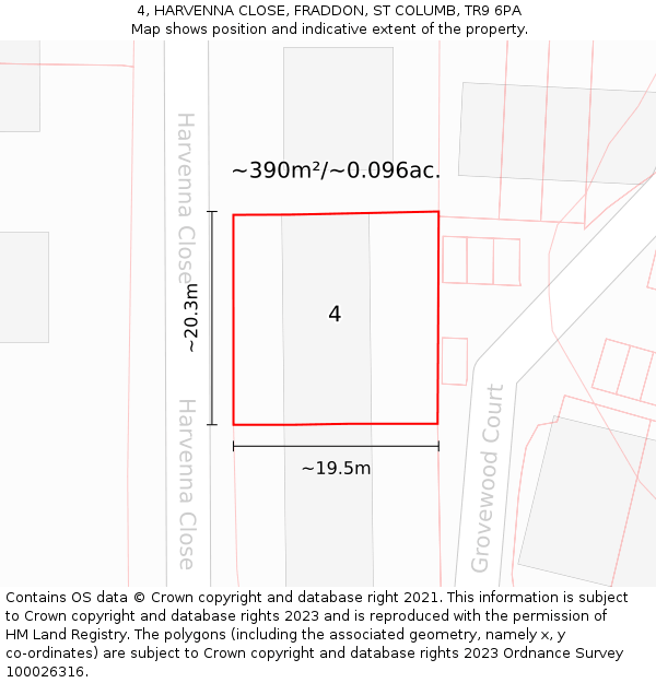 4, HARVENNA CLOSE, FRADDON, ST COLUMB, TR9 6PA: Plot and title map
