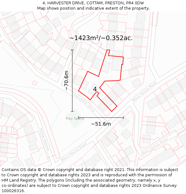 4, HARVESTER DRIVE, COTTAM, PRESTON, PR4 0DW: Plot and title map