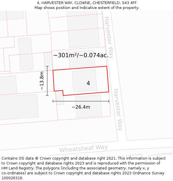 4, HARVESTER WAY, CLOWNE, CHESTERFIELD, S43 4FF: Plot and title map