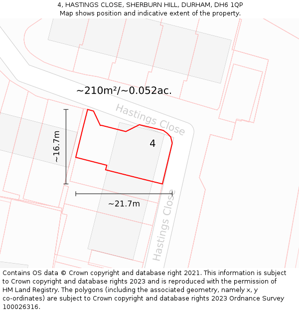 4, HASTINGS CLOSE, SHERBURN HILL, DURHAM, DH6 1QP: Plot and title map