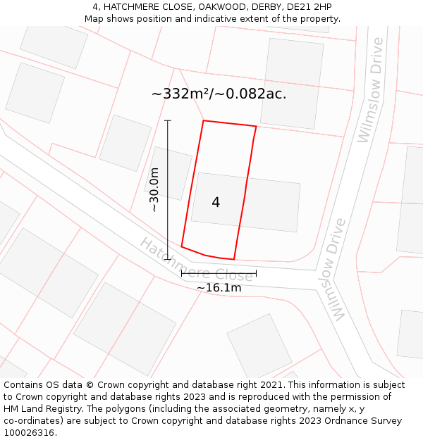 4, HATCHMERE CLOSE, OAKWOOD, DERBY, DE21 2HP: Plot and title map