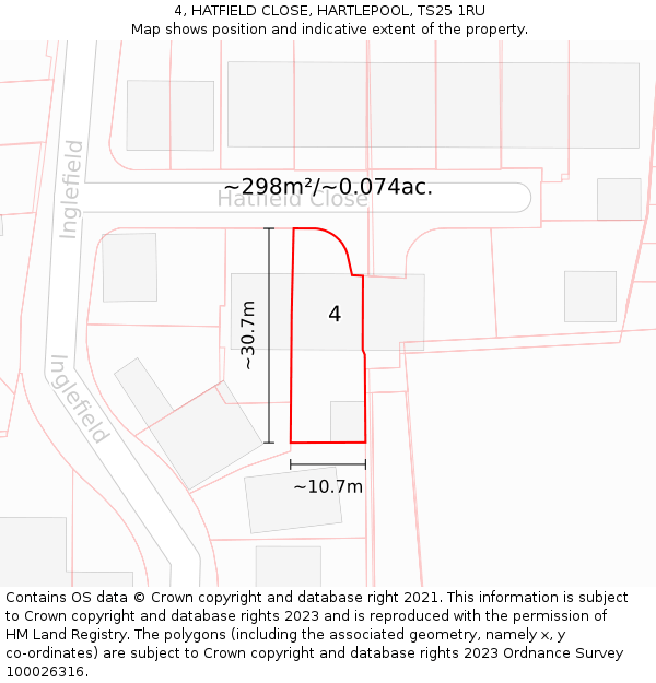 4, HATFIELD CLOSE, HARTLEPOOL, TS25 1RU: Plot and title map