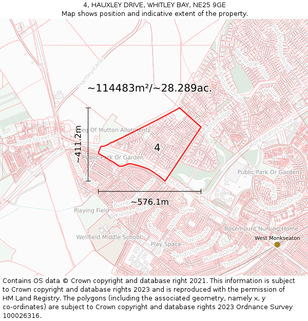 4, HAUXLEY DRIVE, WHITLEY BAY, NE25 9GE: Plot and title map