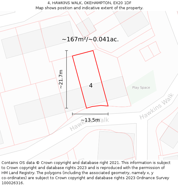 4, HAWKINS WALK, OKEHAMPTON, EX20 1DF: Plot and title map