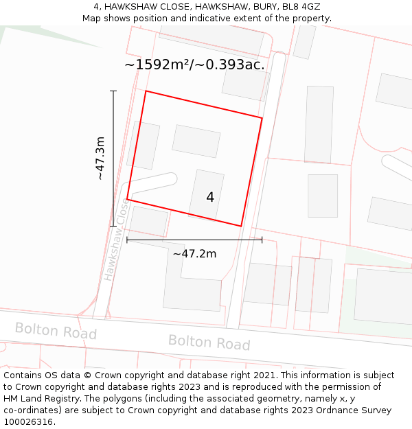 4, HAWKSHAW CLOSE, HAWKSHAW, BURY, BL8 4GZ: Plot and title map