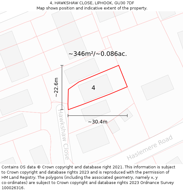 4, HAWKSHAW CLOSE, LIPHOOK, GU30 7DF: Plot and title map