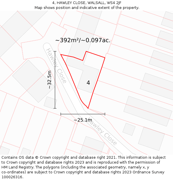 4, HAWLEY CLOSE, WALSALL, WS4 2JF: Plot and title map