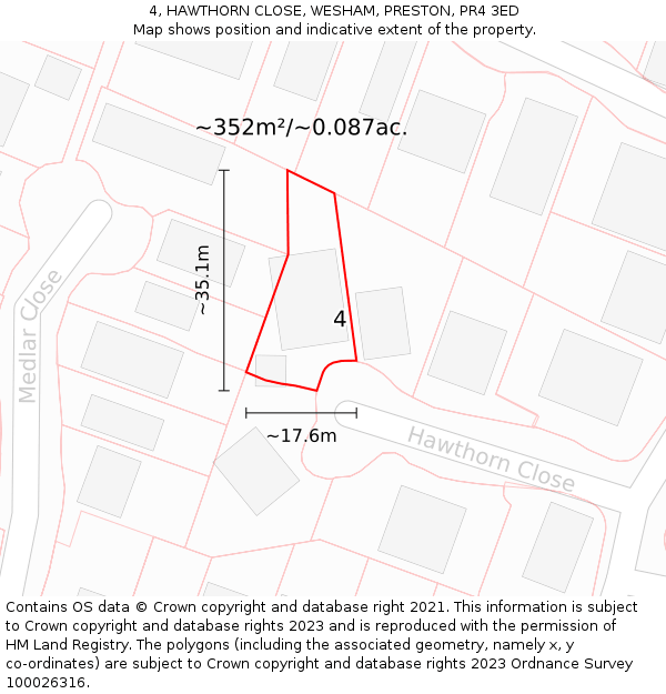 4, HAWTHORN CLOSE, WESHAM, PRESTON, PR4 3ED: Plot and title map