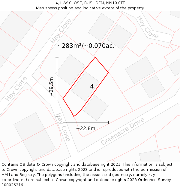 4, HAY CLOSE, RUSHDEN, NN10 0TT: Plot and title map