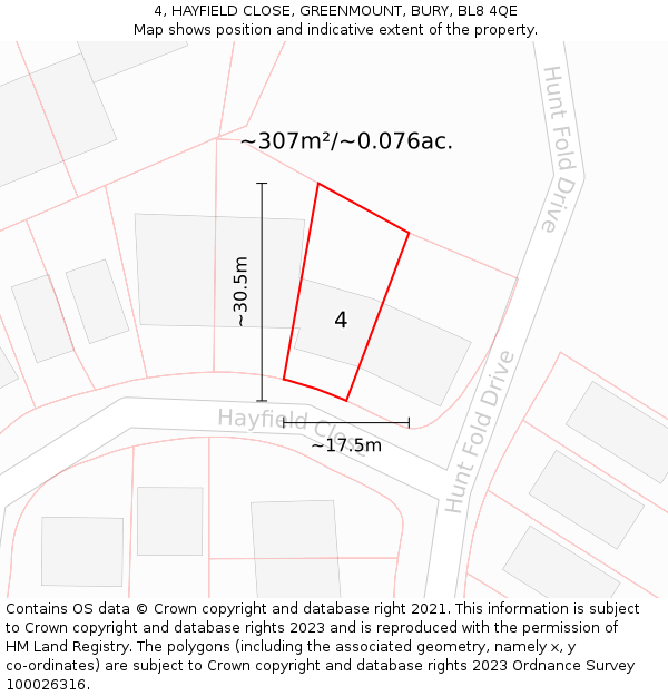 4, HAYFIELD CLOSE, GREENMOUNT, BURY, BL8 4QE: Plot and title map