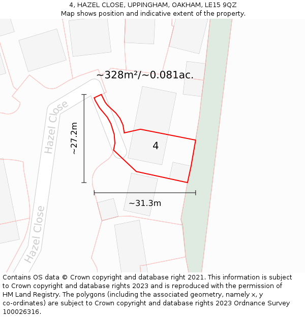 4, HAZEL CLOSE, UPPINGHAM, OAKHAM, LE15 9QZ: Plot and title map