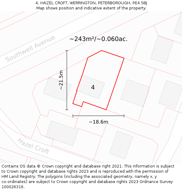 4, HAZEL CROFT, WERRINGTON, PETERBOROUGH, PE4 5BJ: Plot and title map