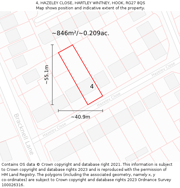 4, HAZELEY CLOSE, HARTLEY WINTNEY, HOOK, RG27 8QS: Plot and title map
