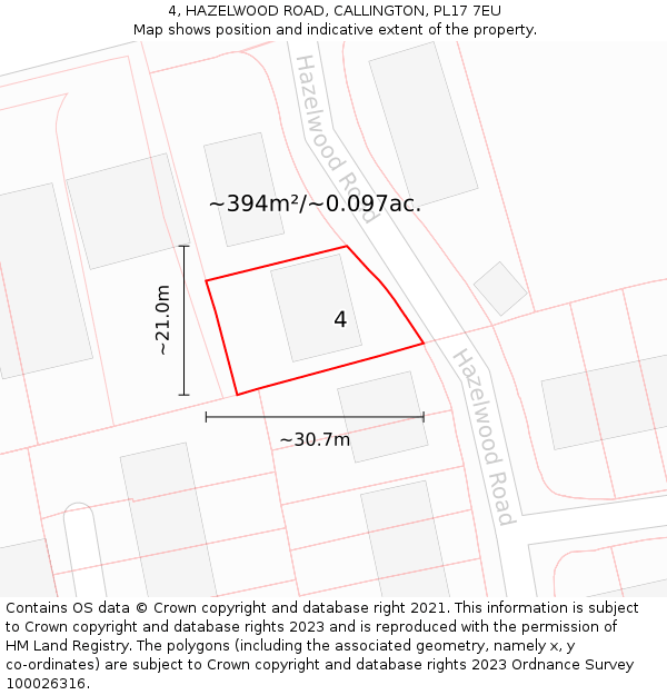 4, HAZELWOOD ROAD, CALLINGTON, PL17 7EU: Plot and title map