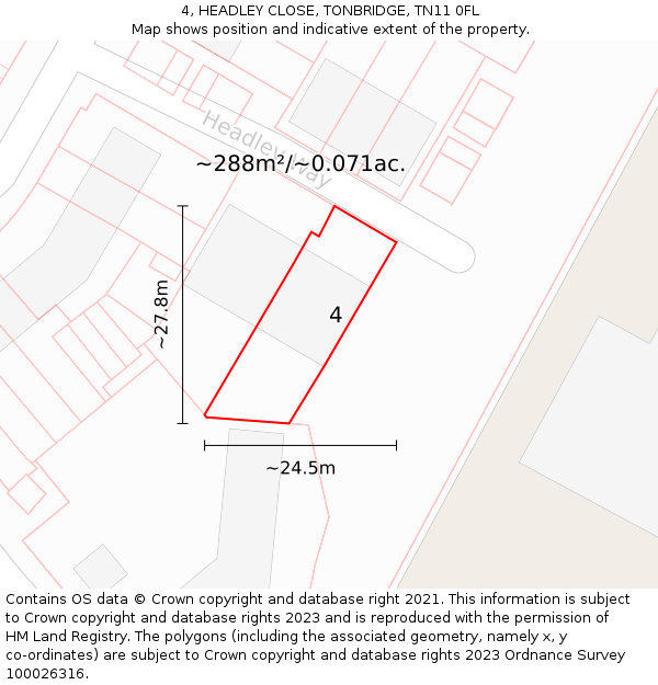 4, HEADLEY CLOSE, TONBRIDGE, TN11 0FL: Plot and title map
