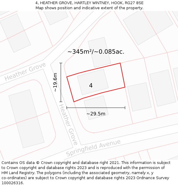 4, HEATHER GROVE, HARTLEY WINTNEY, HOOK, RG27 8SE: Plot and title map