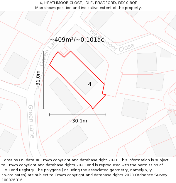 4, HEATHMOOR CLOSE, IDLE, BRADFORD, BD10 8QE: Plot and title map