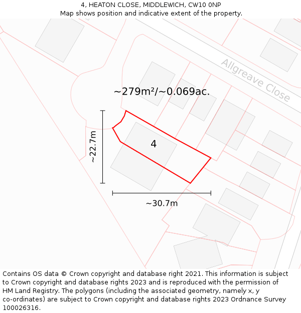 4, HEATON CLOSE, MIDDLEWICH, CW10 0NP: Plot and title map