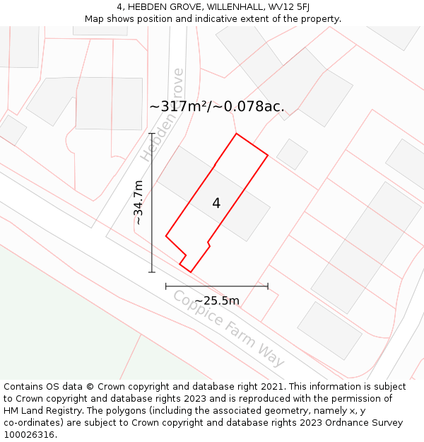 4, HEBDEN GROVE, WILLENHALL, WV12 5FJ: Plot and title map