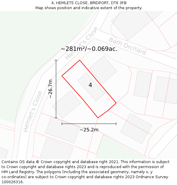 4, HEMLETS CLOSE, BRIDPORT, DT6 3FB: Plot and title map