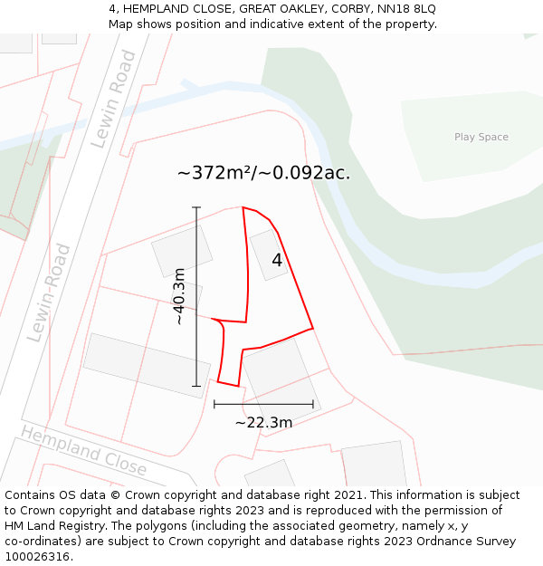 4, HEMPLAND CLOSE, GREAT OAKLEY, CORBY, NN18 8LQ: Plot and title map