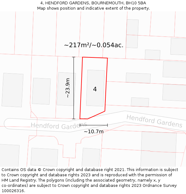 4, HENDFORD GARDENS, BOURNEMOUTH, BH10 5BA: Plot and title map