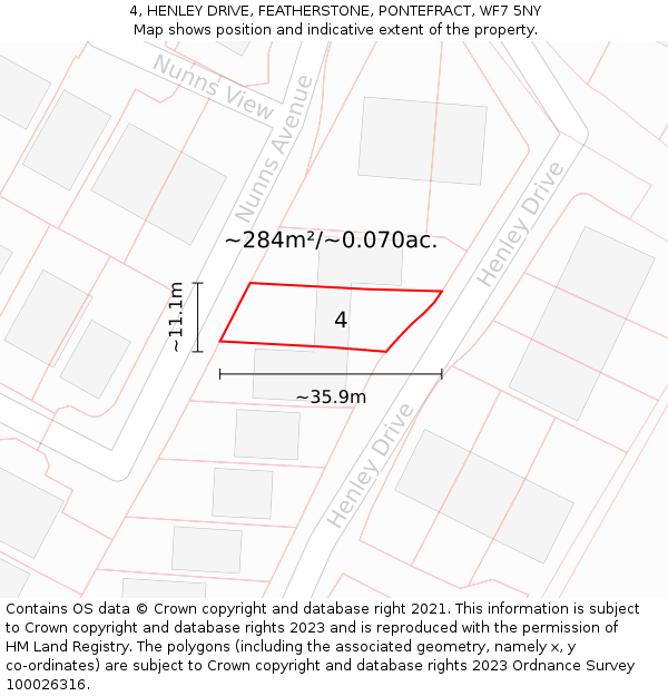 4, HENLEY DRIVE, FEATHERSTONE, PONTEFRACT, WF7 5NY: Plot and title map