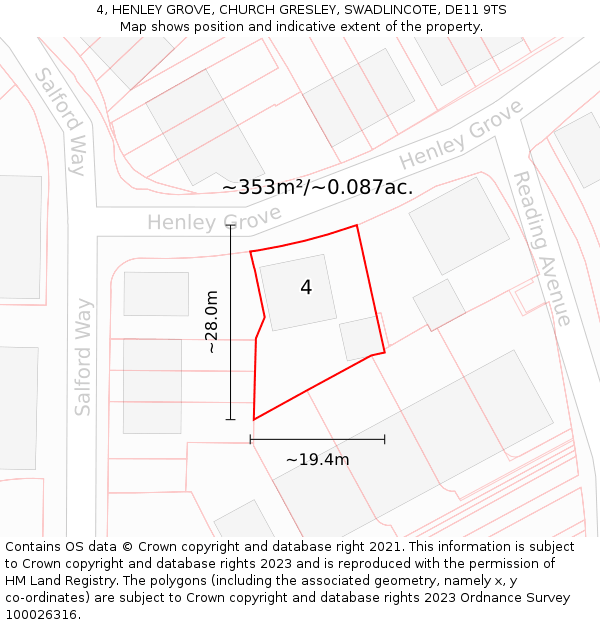 4, HENLEY GROVE, CHURCH GRESLEY, SWADLINCOTE, DE11 9TS: Plot and title map