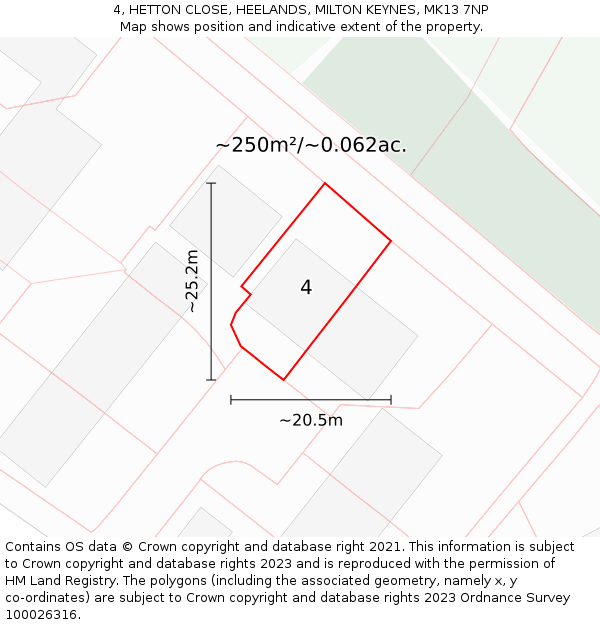 4, HETTON CLOSE, HEELANDS, MILTON KEYNES, MK13 7NP: Plot and title map