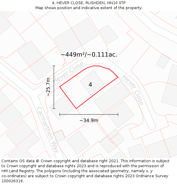 4, HEVER CLOSE, RUSHDEN, NN10 0TP: Plot and title map