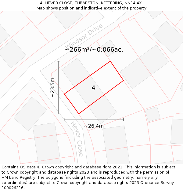 4, HEVER CLOSE, THRAPSTON, KETTERING, NN14 4XL: Plot and title map