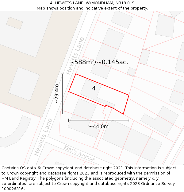 4, HEWITTS LANE, WYMONDHAM, NR18 0LS: Plot and title map