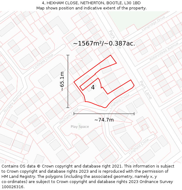 4, HEXHAM CLOSE, NETHERTON, BOOTLE, L30 1BD: Plot and title map
