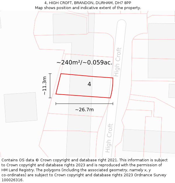 4, HIGH CROFT, BRANDON, DURHAM, DH7 8PP: Plot and title map