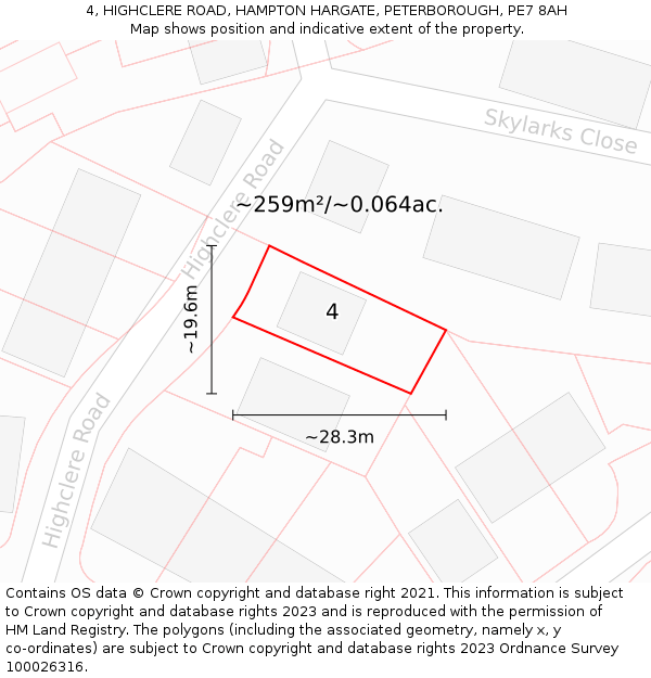 4, HIGHCLERE ROAD, HAMPTON HARGATE, PETERBOROUGH, PE7 8AH: Plot and title map