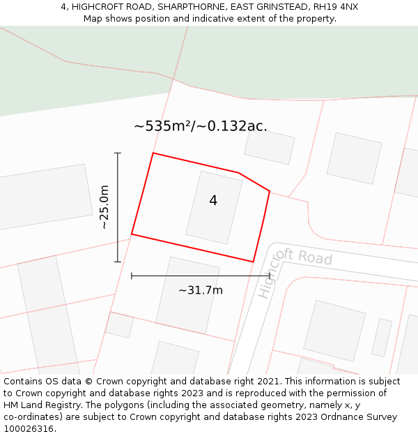 4, HIGHCROFT ROAD, SHARPTHORNE, EAST GRINSTEAD, RH19 4NX: Plot and title map