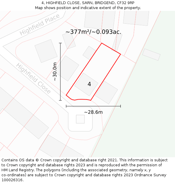 4, HIGHFIELD CLOSE, SARN, BRIDGEND, CF32 9RP: Plot and title map