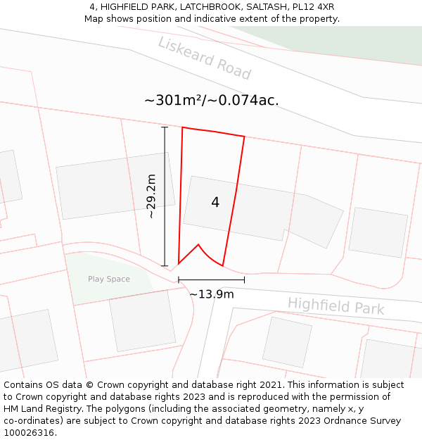 4, HIGHFIELD PARK, LATCHBROOK, SALTASH, PL12 4XR: Plot and title map