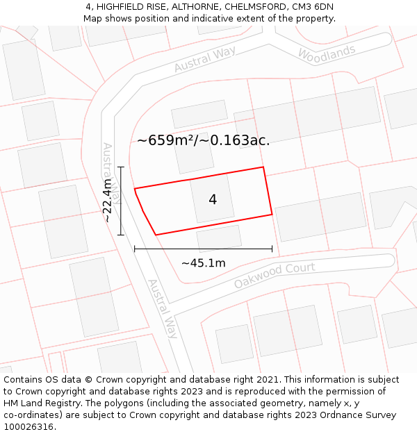 4, HIGHFIELD RISE, ALTHORNE, CHELMSFORD, CM3 6DN: Plot and title map