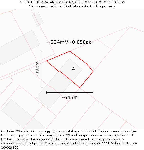 4, HIGHFIELD VIEW, ANCHOR ROAD, COLEFORD, RADSTOCK, BA3 5PY: Plot and title map