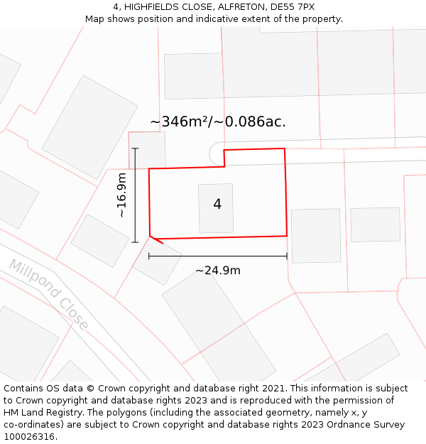4, HIGHFIELDS CLOSE, ALFRETON, DE55 7PX: Plot and title map