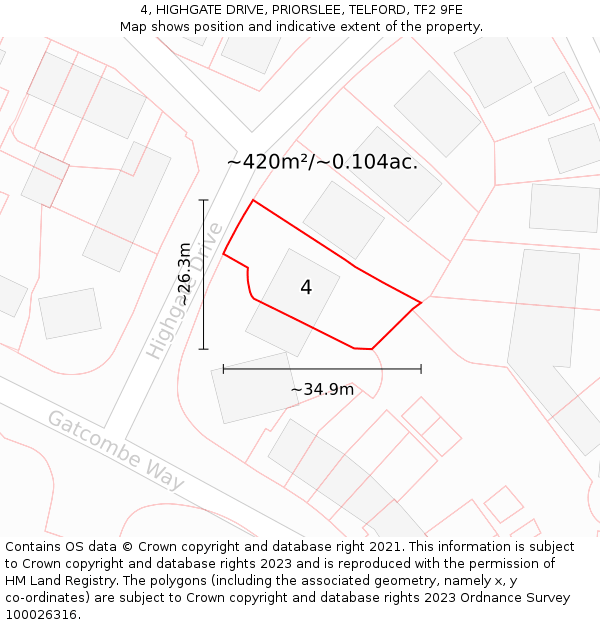 4, HIGHGATE DRIVE, PRIORSLEE, TELFORD, TF2 9FE: Plot and title map