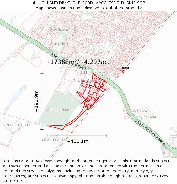 4, HIGHLAND DRIVE, CHELFORD, MACCLESFIELD, SK11 9GB: Plot and title map