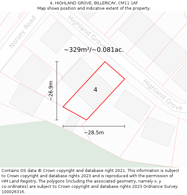4, HIGHLAND GROVE, BILLERICAY, CM11 1AF: Plot and title map