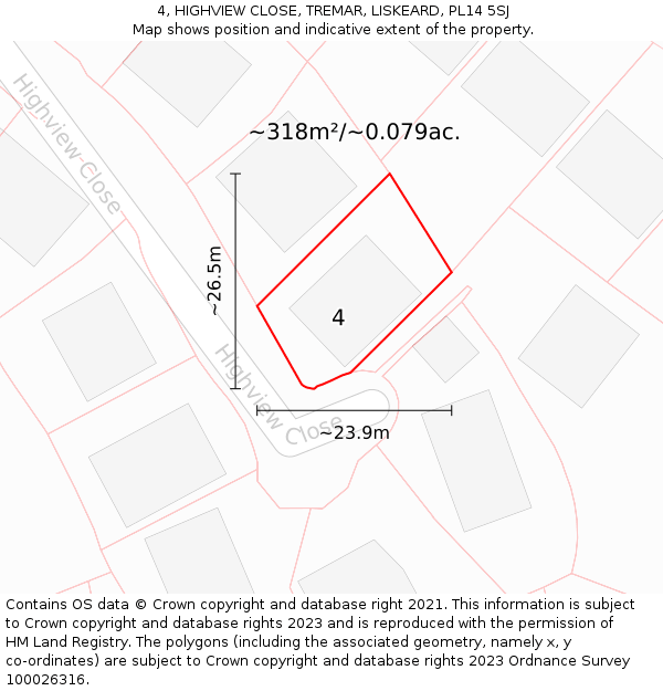 4, HIGHVIEW CLOSE, TREMAR, LISKEARD, PL14 5SJ: Plot and title map