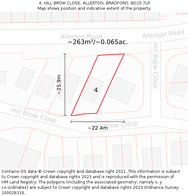 4, HILL BROW CLOSE, ALLERTON, BRADFORD, BD15 7LP: Plot and title map