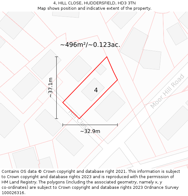 4, HILL CLOSE, HUDDERSFIELD, HD3 3TN: Plot and title map