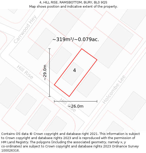 4, HILL RISE, RAMSBOTTOM, BURY, BL0 9QS: Plot and title map