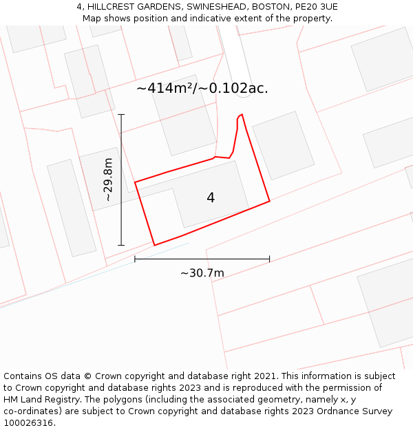 4, HILLCREST GARDENS, SWINESHEAD, BOSTON, PE20 3UE: Plot and title map